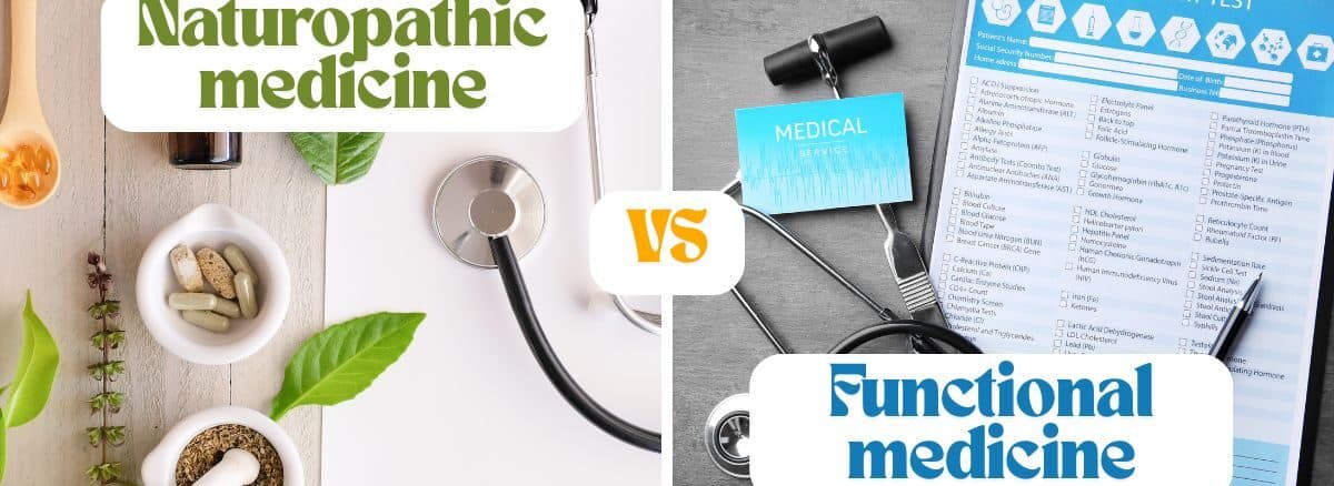 Picture of naturopathic medicine: medicinal herbs, tinctures, supplements and stethescope vs functional medicine: lab tests and stethescope