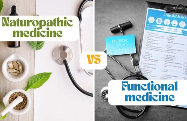 Picture of naturopathic medicine: medicinal herbs, tinctures, supplements and stethescope vs functional medicine: lab tests and stethescope